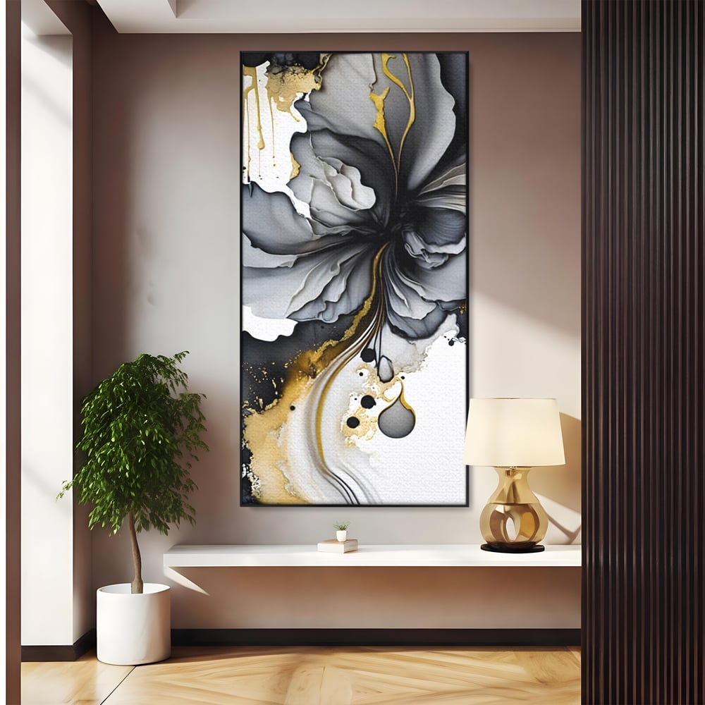 Tablou canvas cu tablou abstract cu floare neagra si accente aurii, in rama de aluminiu negru